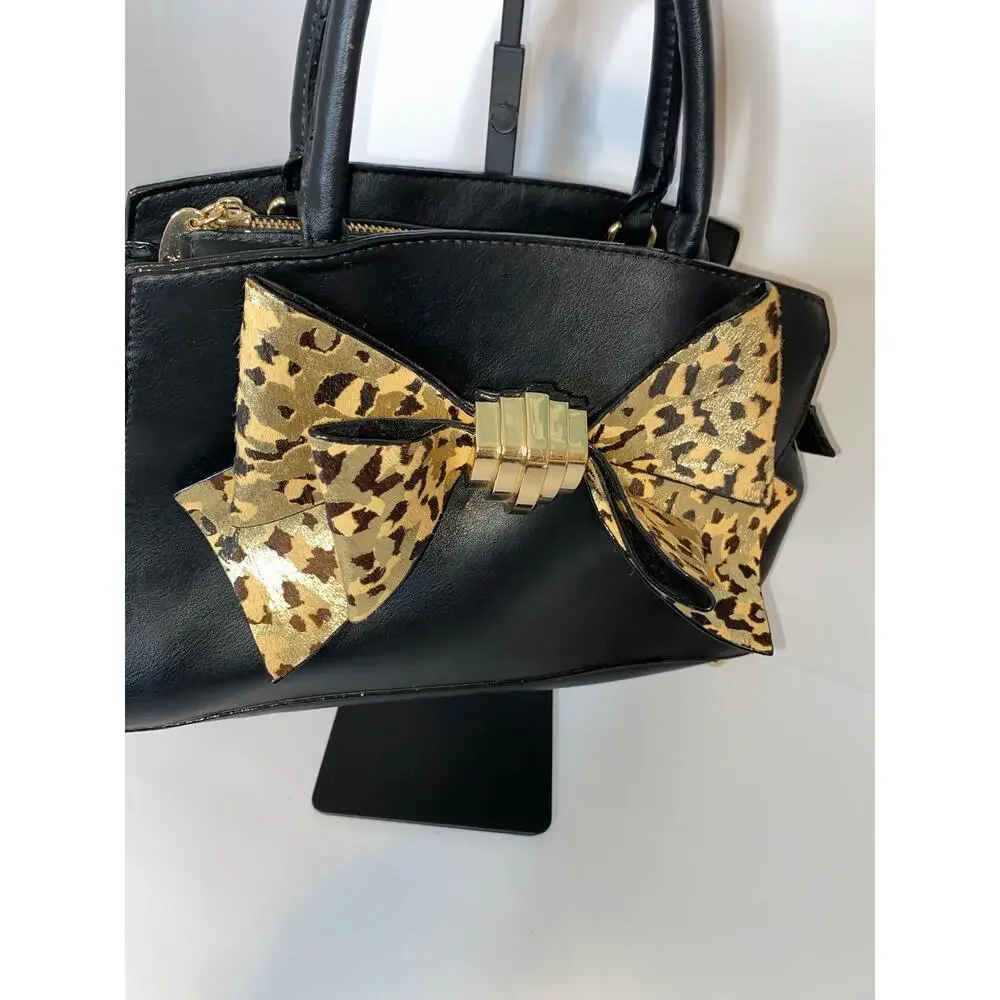 Betsey Johnson Black Satchel Handbag with Leopard Bow Accent